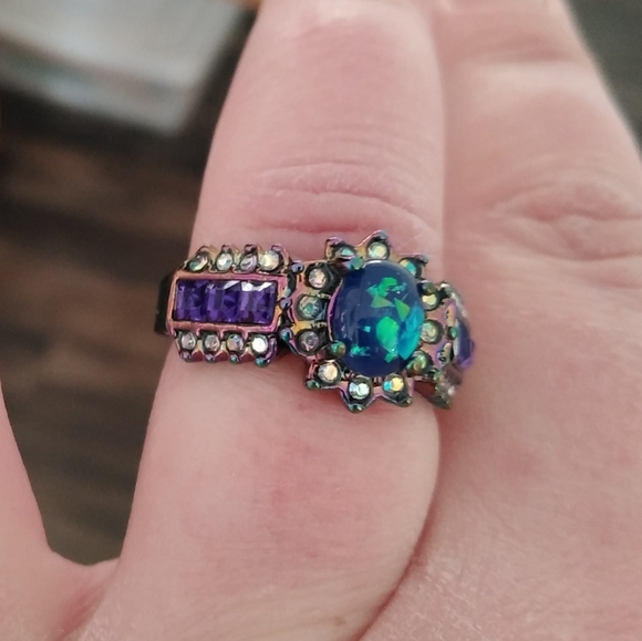 Metallic Rainbow Fire Opal Gemstone Cluster Ring 9 - Picture 4 of 14